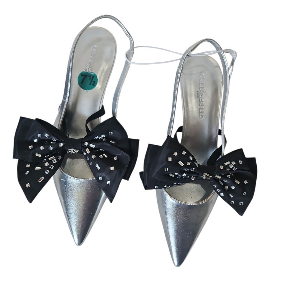 Karl Lagerfeld SkyLynn Woman Silver Black Point Toe Bow KittenHeelSlingback S7.5